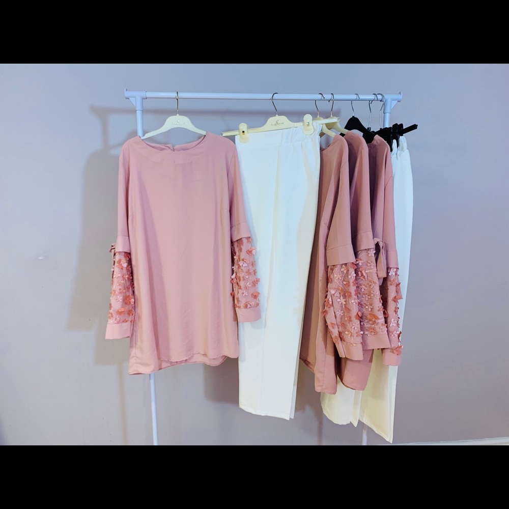 Women long sleeve shirt with white pants
